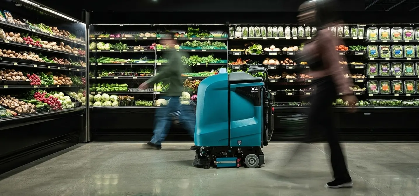 Tennant floor scrubber cleaning a supermarket aisle